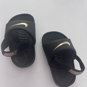 Nike Toddker Black Sandals with Gold Swoosh